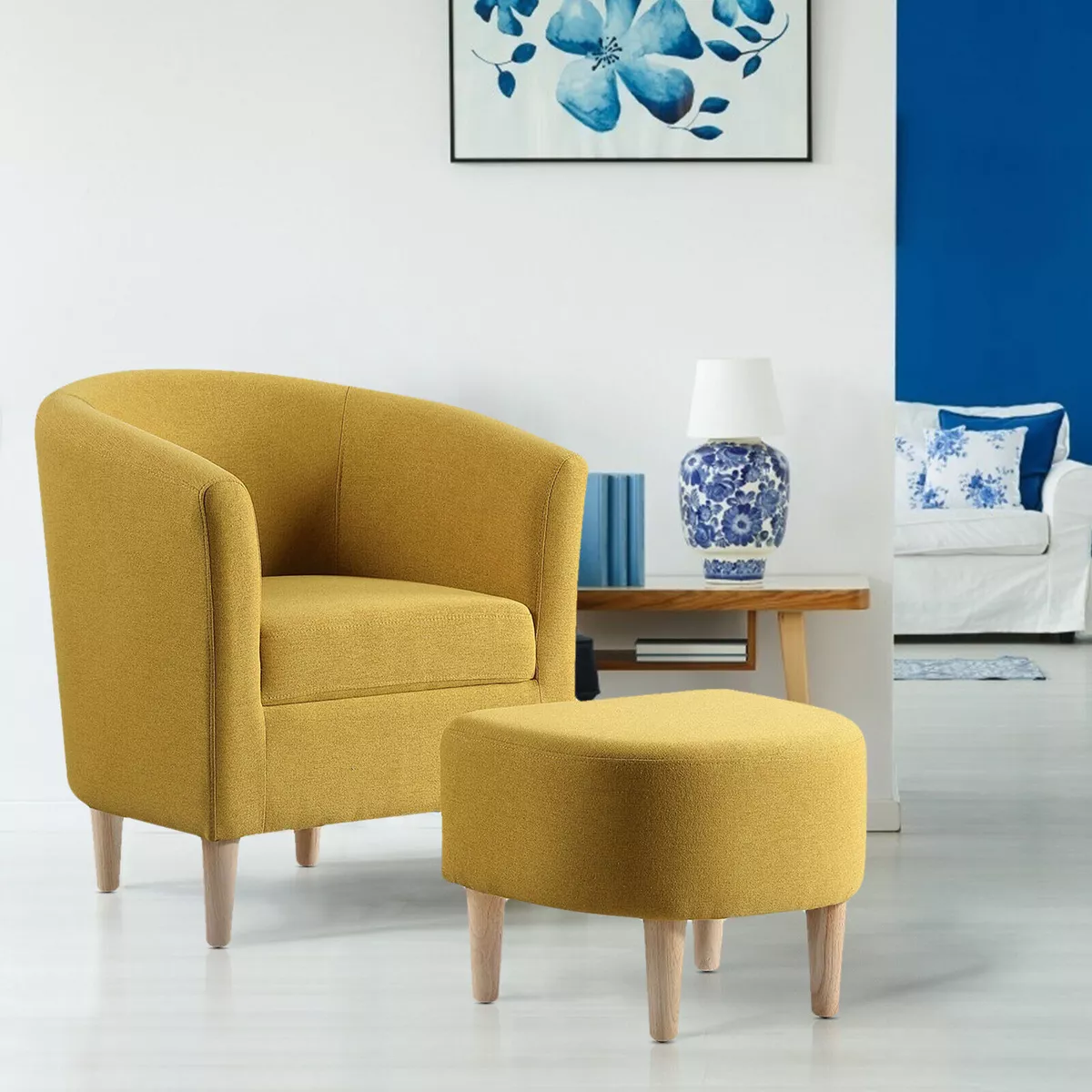 Upholstered armchair online with ottoman