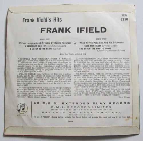 Frank Ifield – EP - Frank Ifield's Hits - Columbia - SEG 8210 - P/S - EX/VG - Picture 2 of 3