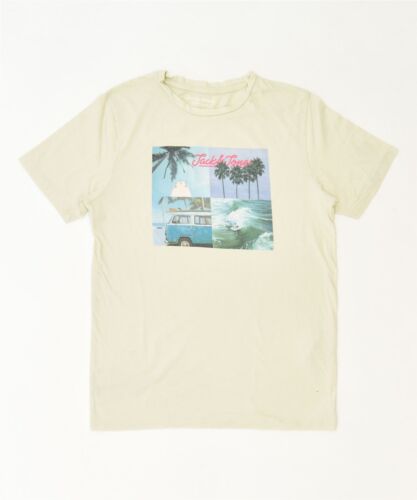 JACK & JONES Mens Slim Fit Graphic T-Shirt Top Small Beige Cotton Beach Z002 - Afbeelding 1 van 3