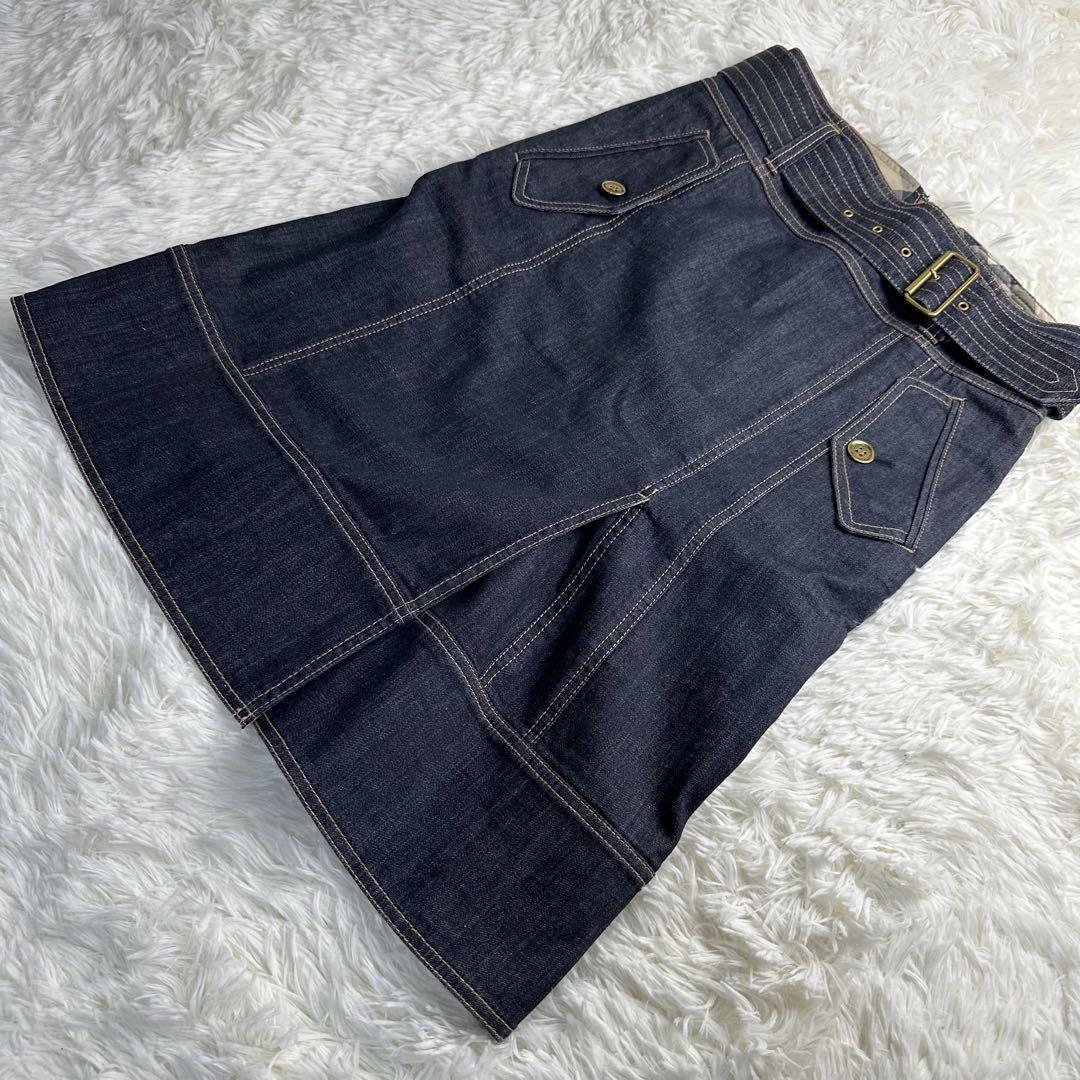 Burberry Nova Check Dark Blue Denim Knee-Length Skirt Belt Accents Size 36 M