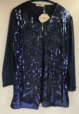 Simply Couture Wms XL Sequins & Beads Formal Cocktail Zip Up Tunic Blazer Navy