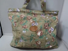 GA10 VTG 90s GITANO Khaki Canvas Mauve Flower Print Large Hobo Bag Purse Tote