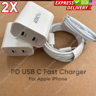 2X For iPhone 16 15 Plus14 13 12 11 iPad Pro USB C 40W Fast Charger Cube PD Cord