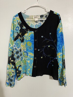 Key lime Pie Womens Large Button Up Long Sleeve Blue Black Floral R5