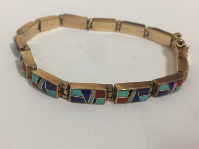 Navajo SF Steve Francisco 14k Yellow Gold Multi Stone Inlay Link Bracelet 7''