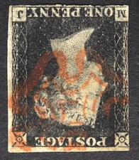 GB SG2Wi 1840 Penny Black Plate 1b, MJ, Inverted Watermark, Used with Red MX