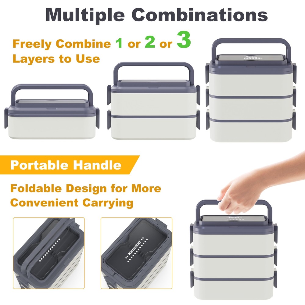 Stackable 3-Layer Bento Lunch Box 3000ml Large Capacity Leakproof for Adults On-the-Go