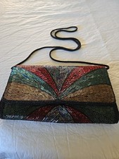 Beaded Clutch Purse 8.5x5 Black Strap 40 L Snap Closure Lined