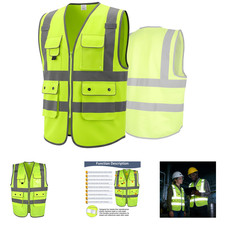 Class 2 High Visibility Safety Vest with Zipper Front, 9 Pockets, Reflective