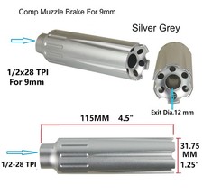 1/2x28 TPI for 9mm 4.5" Extra Long Linear Compensator Muzzle Brake, Silver Grey