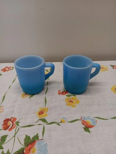 Vintage Anchor Hocking FIRE KING Blue Stackable Coffee Cup Mug D Handle Lot 2