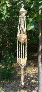 Vintage 70s Macrame Two Tier Double Plant Hanger - Cotton w Wood Beads - 62"