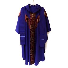 Priest's Chasuble Vestment and Stole Purple Double Fish Brocade One Size