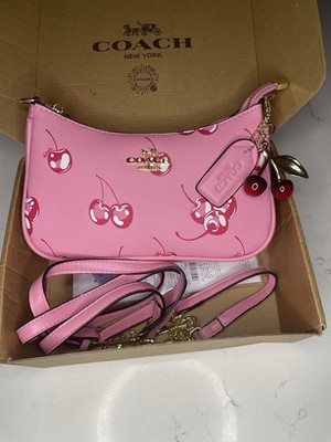 Coach Pink Cherry Print Pebbled Zip Shoulder Bag w/ Detachable Strap Charm