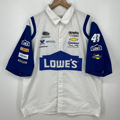 #ad Lowes Jimmie Johnson NASCAR Short Sleeve Button Shirt Men#x27;s L White JH Design $29.95