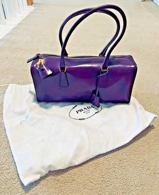 AUTH VTG PRADA Vitello Box Leather Bag in Azalea/purple BR0227 Dust Bag, Card