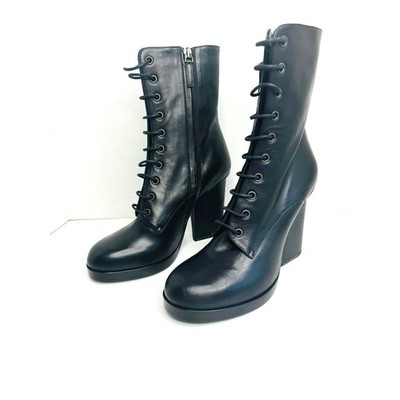 Jil Sander Black Leather Lace-Up Block Heel Ankle Boots Classic Edgy Style EU 40