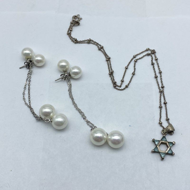 Sterling Silver 925 Star of David Blue Stone Necklace & Faux Pearl Earring Set