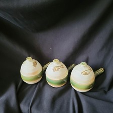 Vintage Neiman Marcus Pottery Miso/Rice/Soup Pot de Creme Cup Green Fish Set 3