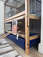 Wood 2 Tier Rabbit Guinea pig Indoor Cage with Wire Mesh, Ramp, Pull-Out Trays