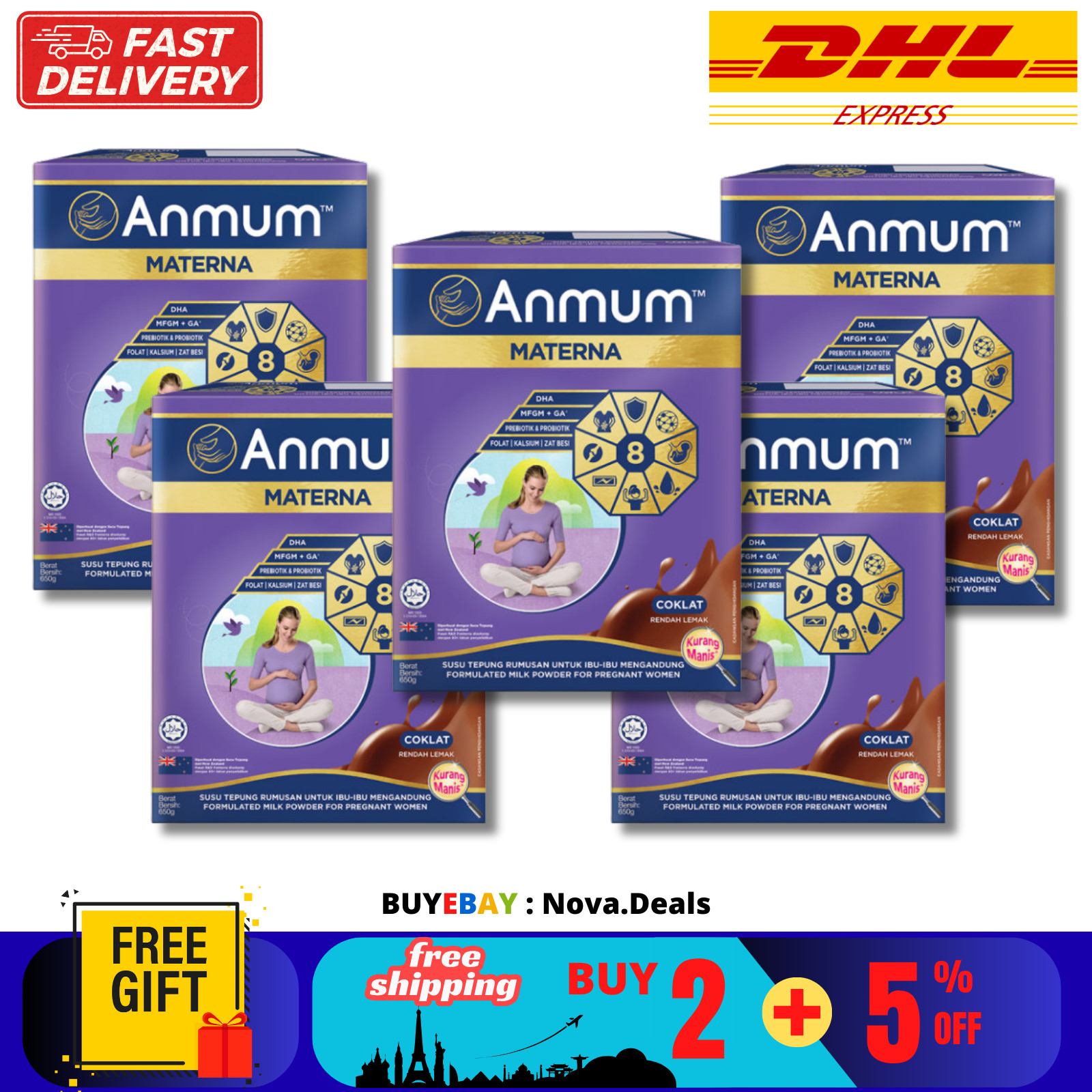 5 X 650 g ANMUM Leche Materna para mujeres embarazadas prenatales sabor chocolate