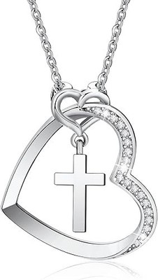 SHE WILL LOVE Heart Cross Necklace White Gold for Women Valentines CZ Plated