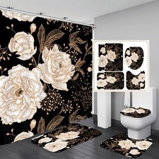 4PCS Rose Gold Flower Leaves Bathroom Set with Shower Curtain and Rugs, Botan...