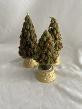 3 Vintage Christmas Tree Candles W/ Red Berries On Stands 3 Different Sizes
