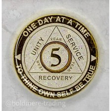 5 Year Alcoholics Anonymous Medallion White Gold Plated AA Sobriety Chip Coin