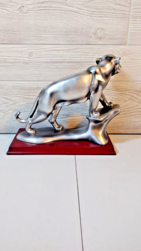 Herco professionelles Geschenk Löwe Statue 10" Skulptur gebürstetes Silber Harz Holzsockel - Bild 3 von 8