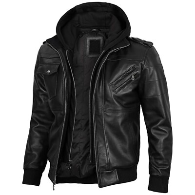 Hooded Leather Jacket Men Bomber Lambskin Leather With Removable