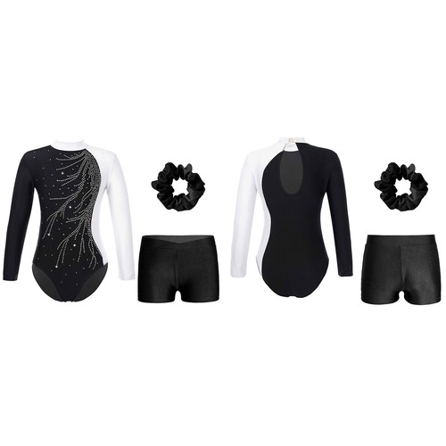 Kids Girl Dancewear With Hair Band Longs Sleeve Leotard Gym Breathable Shorts - Picture 72 of 86