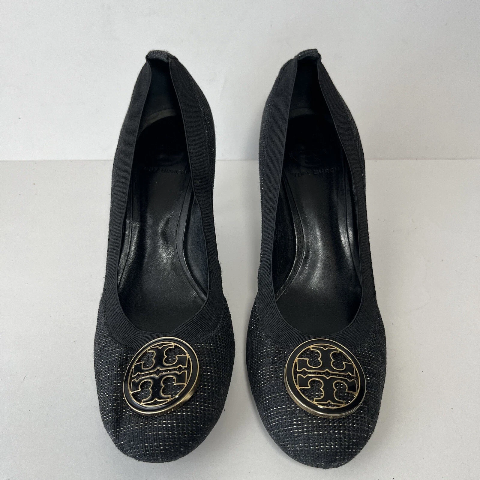 Tory Burch Caroline donna 9 5 maglia nera e oro tweed classico tacchi pompa logo