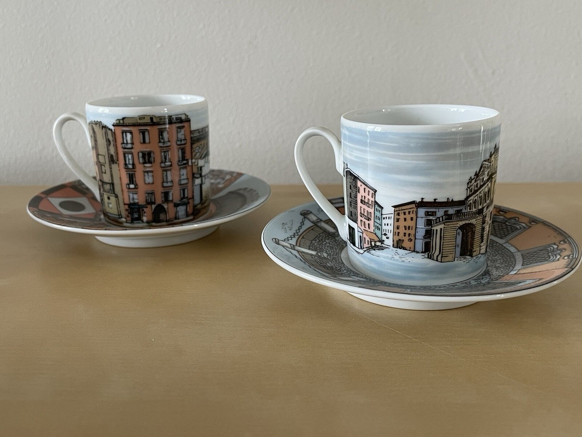 Fornasetti Rosenthal CITTA D'ITALIA Set 2 Espresso Cups Saucers