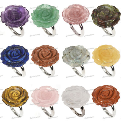 Crystal Quartz Carved Gemstone Dainty Rose Bud Flower Adjustable Stacking Ring