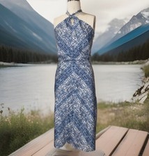 Loft Halter Dress Wedge wood Blue Botanical Garden Tea Length 8 Geometric Tie