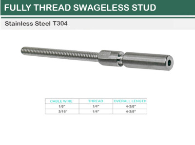 Stainless Steel T316 Swageless Stud 1/4'' Full Thread For 1/8'',3/16'' Cable Wire