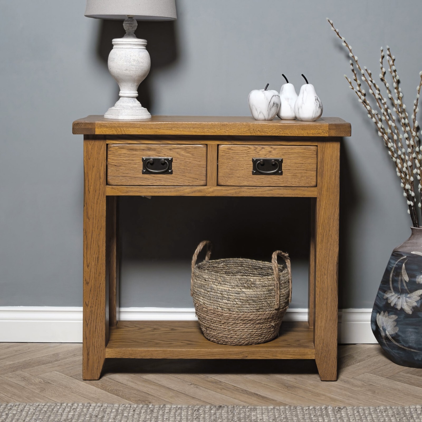 Elm Home and Garden Quality solid oak two drawer console table w85 x D34 x H81cm