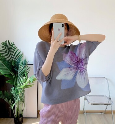Pleats Please Issey Miyake FabricPleated Top Butterfly Pattern,3/4 Sleeve Blouse
