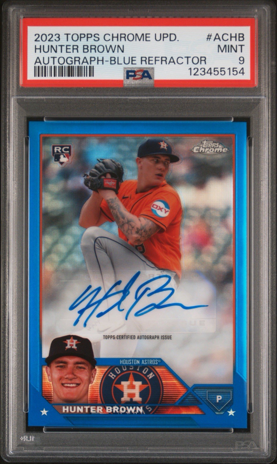 2023 TOPPS CHROME UPDARE HUNTER BROWN AUTO BLUE REFRACTOR /150 PSA 9
