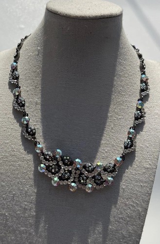 Vintage Heart Floral Necklace Pink & Green Crystals Flower Necklace Sz 16” - Picture 14 of 14
