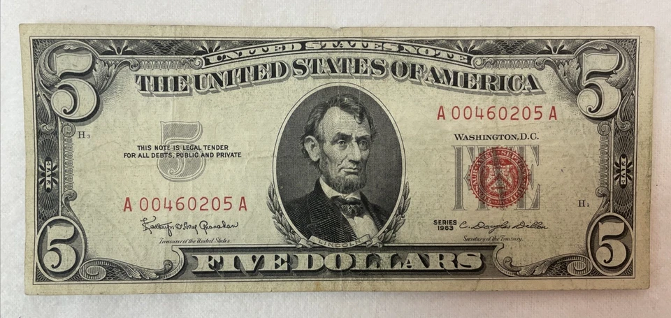 $5.00 BILLS 1963 UNITED STATES NOTE RED SEAL CIRCULATED LOT OF 11 - Image 3 of 4