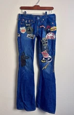 True Religion 'Snarl Extra' & Multiple Patch Blue Cotton Jeans Button Up Small