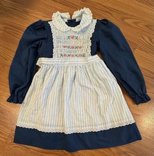 Vintage POLLY FLINDERS Hand Smocked Girls Dress Size 6 Blue Floral Embroidered