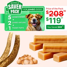 Jumbo dog chew pack - 5 Yak chews + 2 Antlers + 1 Cheese puffs