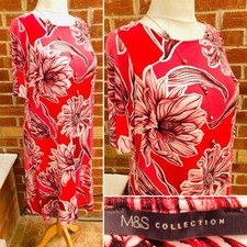 M&S Size 16 Red Pink Floral Dress Summer Wedding Stretchy Excellent S10