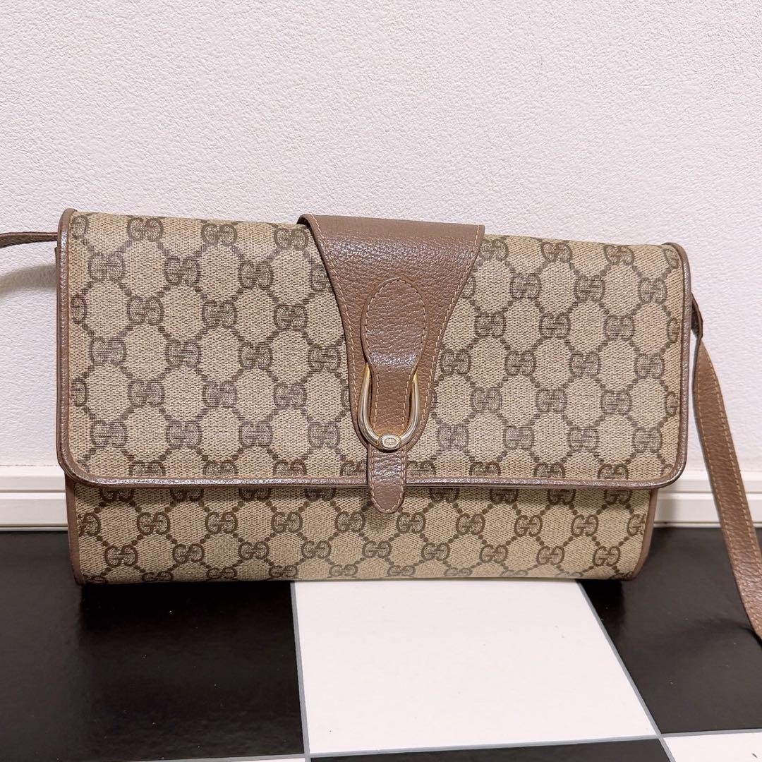 GUCCI GG Shoulder Bag PVC Leather Beige Brown Gold Hardware Logo From Japan