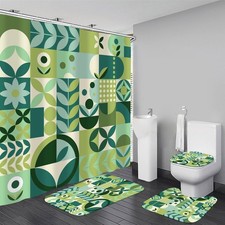 4 Pieces Green Geometric Modern Bathroom With Shower Curtain and Rugs Sets Decor