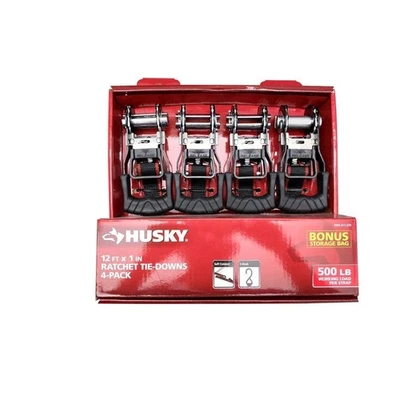 BRANDED HUSKY RATCHET TIE-DOWN STRAPS 4-PACK 1 in. x 12 ft. Quick Release Hook 1500 lbs.