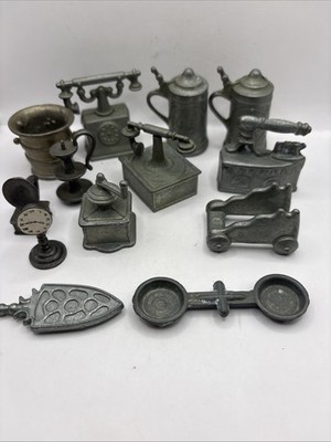 Vintage Pewter Dollhouse Accessories Lot 13 Including Lamp Telephone Iron Etc.